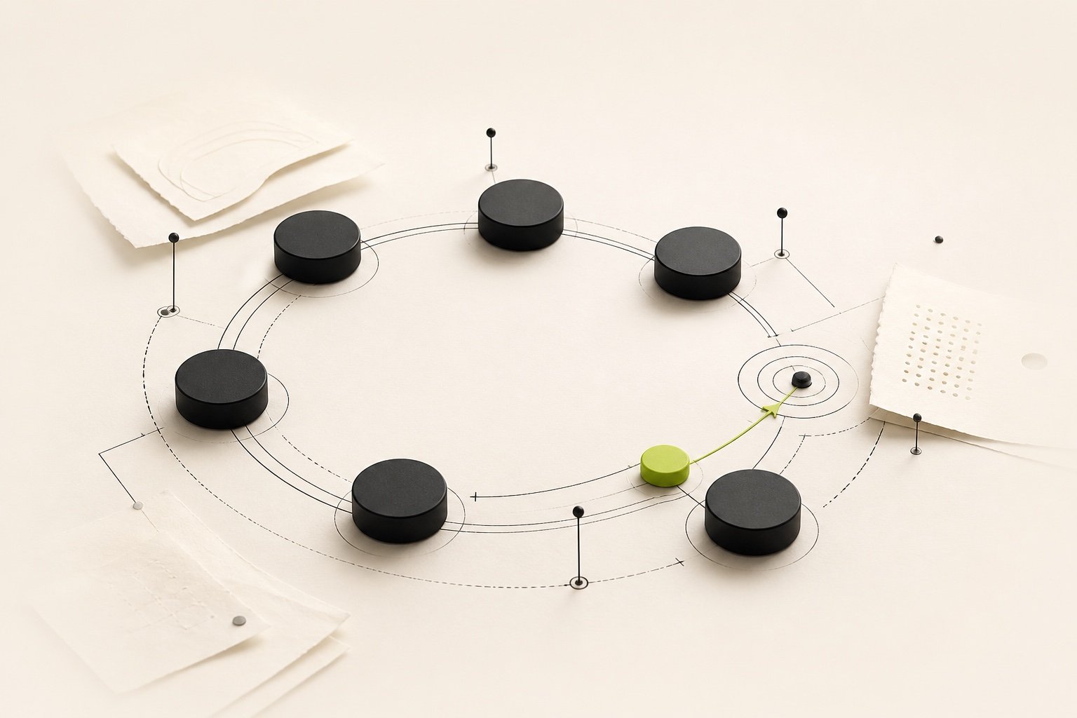 Six review points arranged around a decision path.