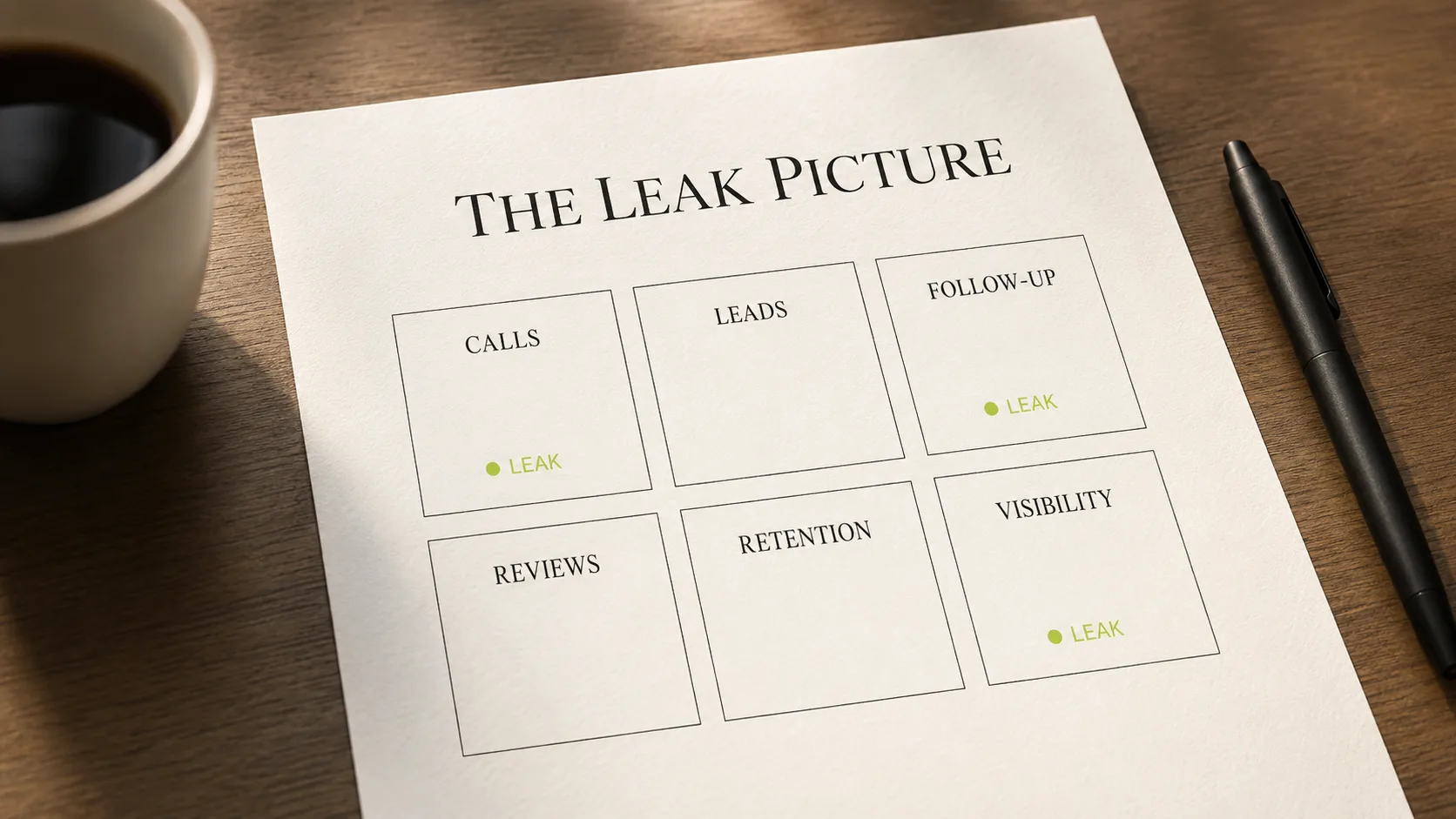 The Leak Picture — a one-page diagnostic map of the business with the leaks marked