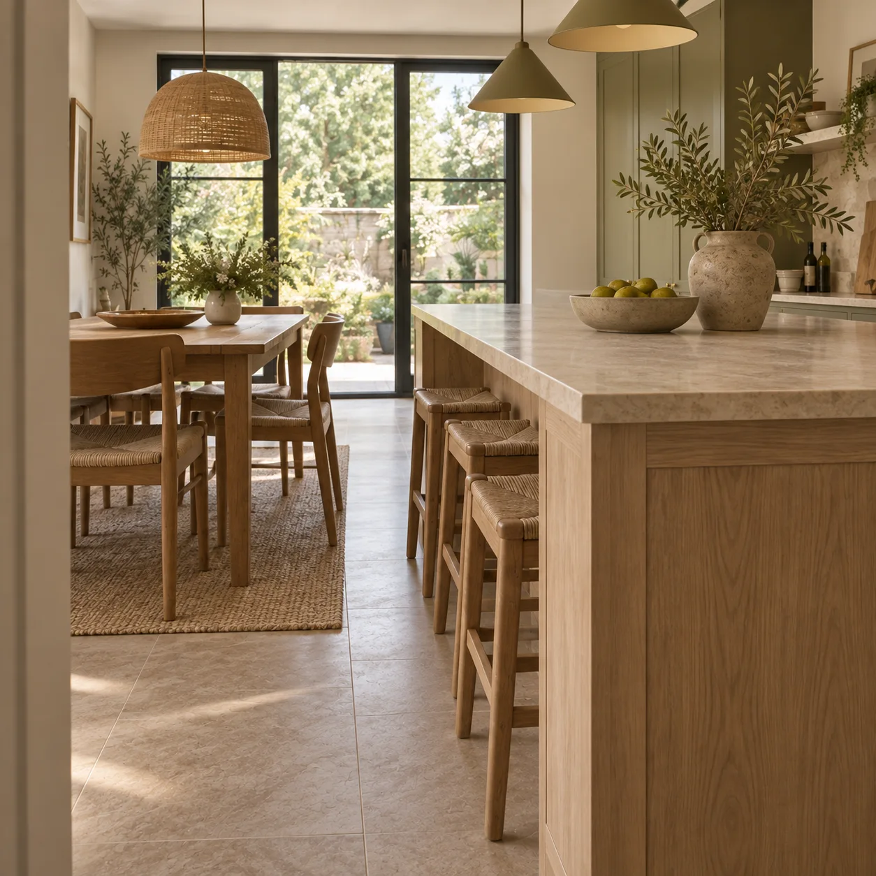 Illustrative close view of the island beside the dining chairs