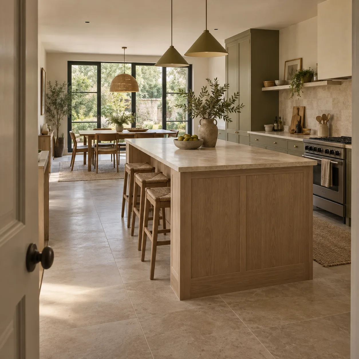 Illustrative kitchen with an island between door and table