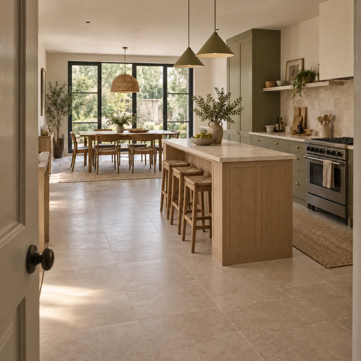 Illustrative proposed kitchen arrangement with island farther right and open space to the table